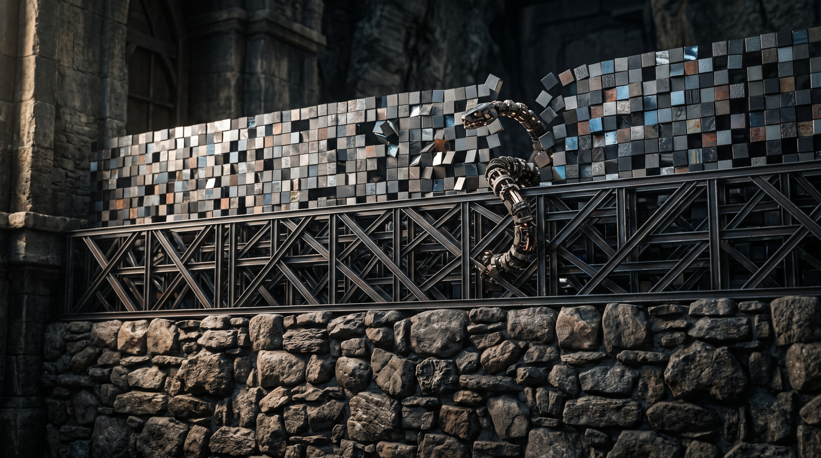 Illustration of a three-tiered defensive wall representing DEP, CFG, and ASLR mitigations blocking a serpentine attack path