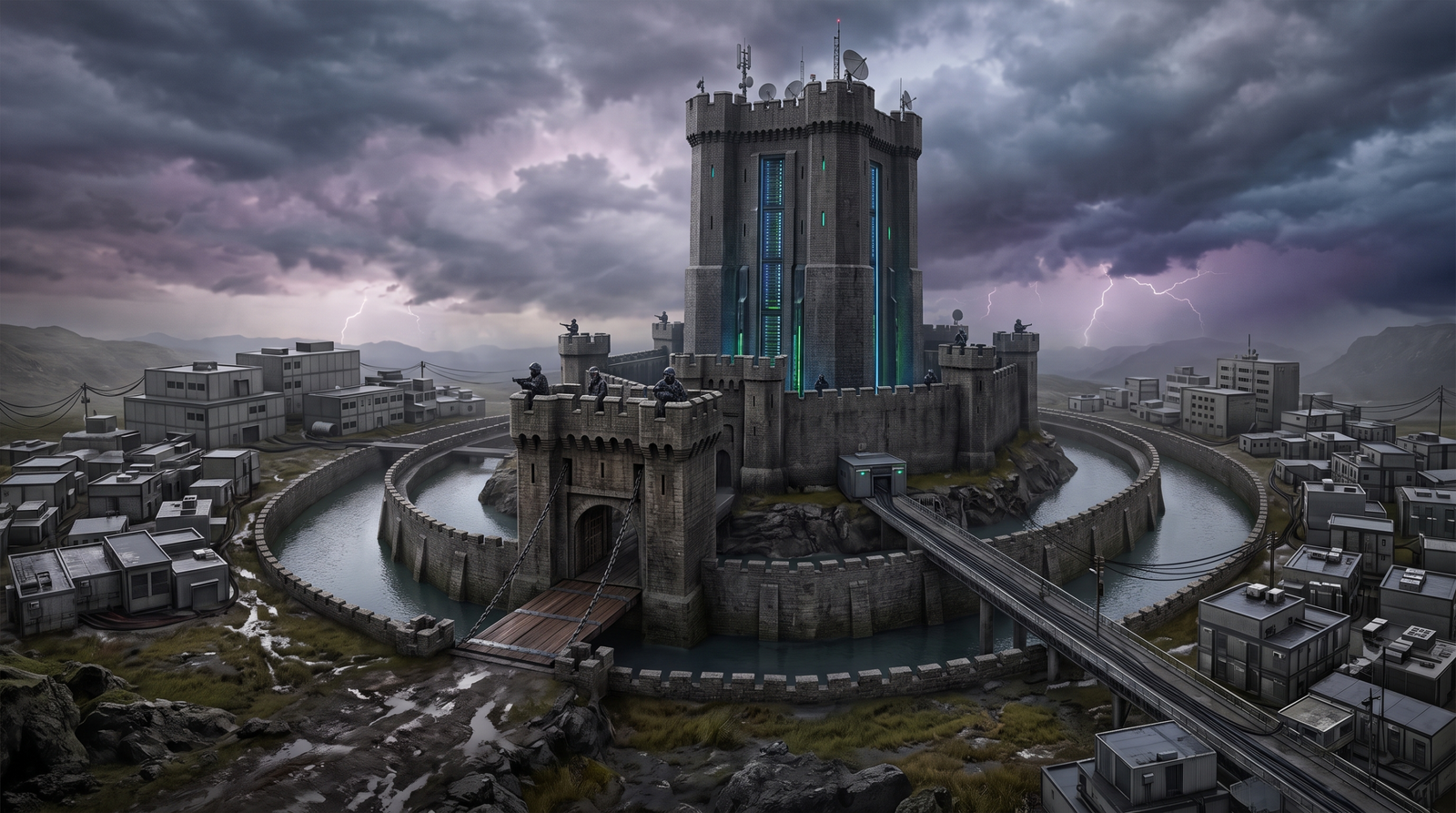 Illustration of a fortress server on a raised platform with moats and walls representing Tier-0 network segmentation, with smaller downstream client buildings visible in the background