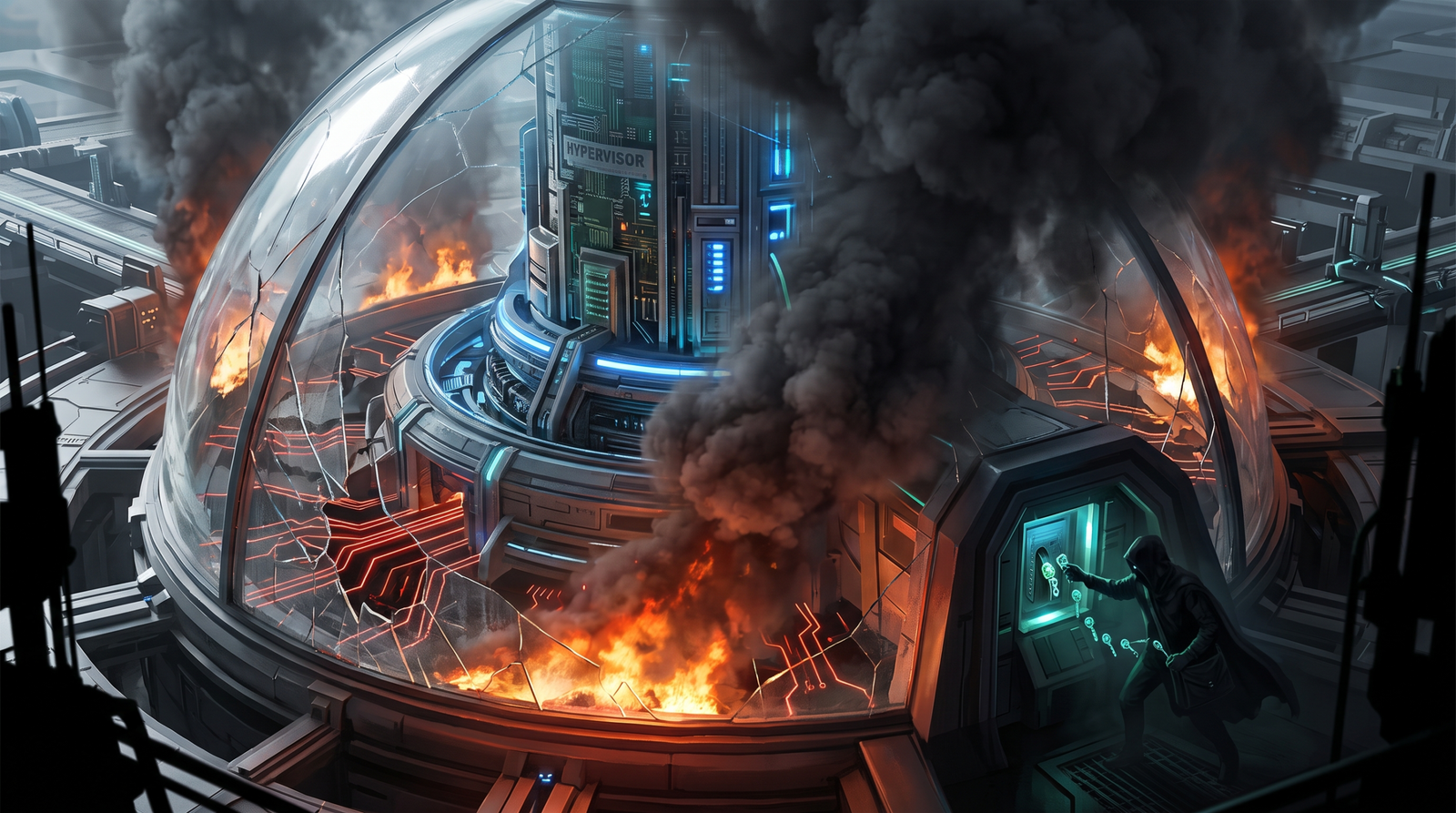Illustration showing ransomware encryption as a smokescreen - flames and chaos at the front of a hypervisor tower while a shadowy attacker silently steals credentials from the rear.