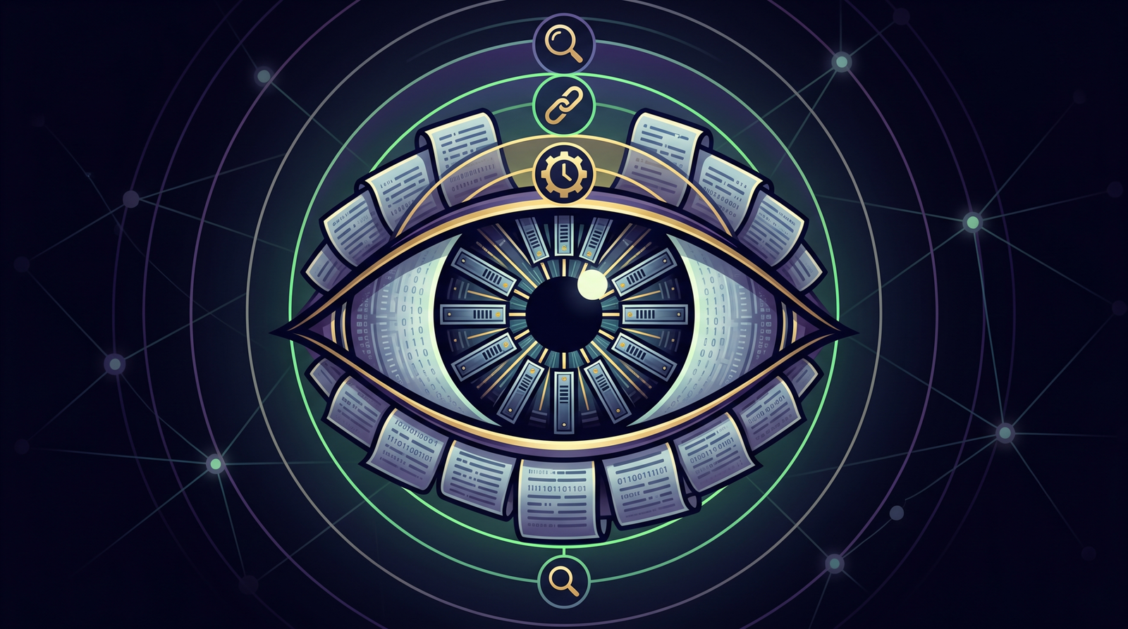 Symbolic illustration of a detection eye built from server and log imagery, with rings representing different telemetry layers - cron monitoring, systemd integrity, egress filtering, and User-Agent inspection.