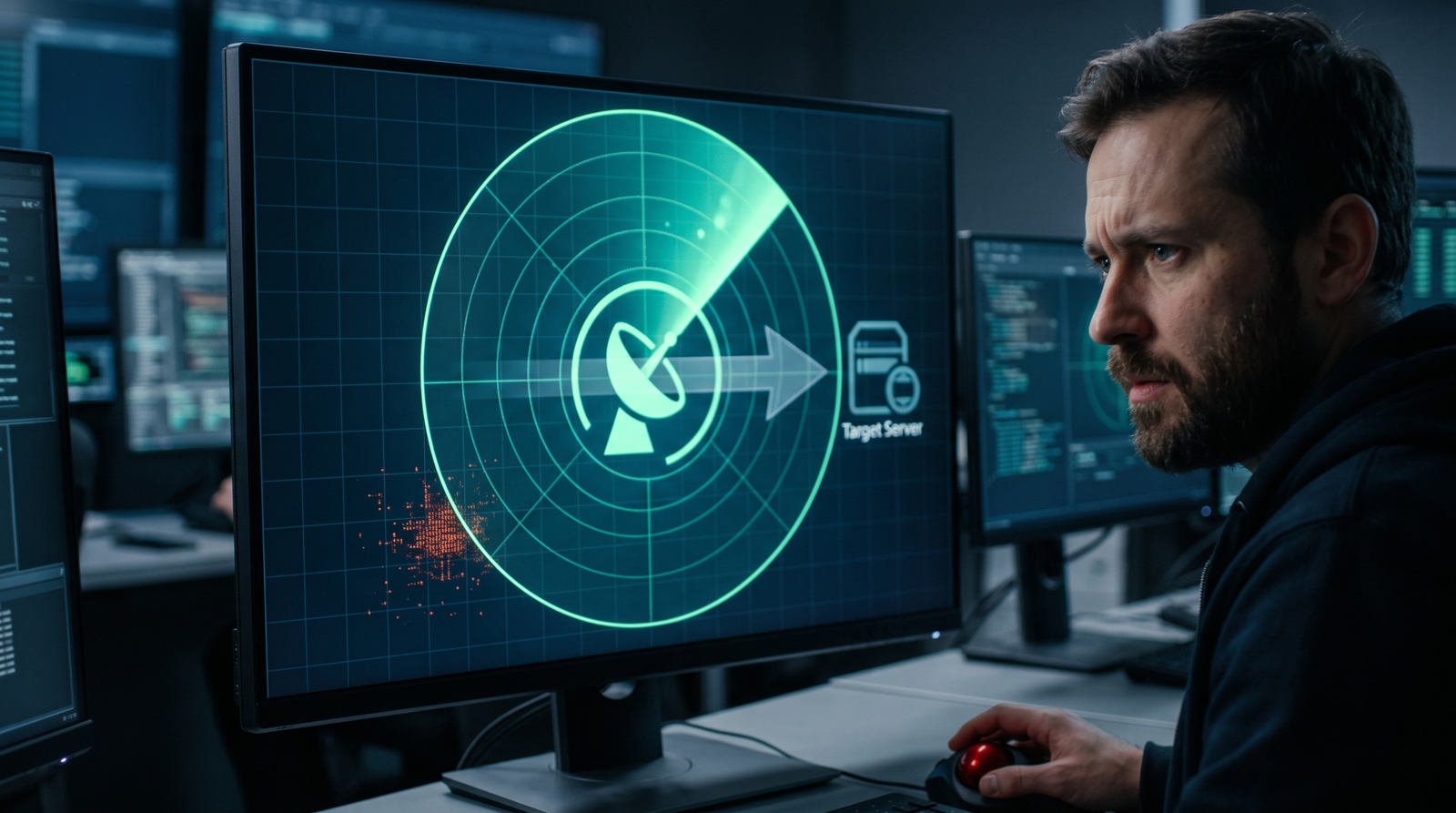 Illustration of a security radar screen that fails to detect an encrypted UDP attack stream passing invisibly through it, with only faint post-exploitation activity visible at the radar edge