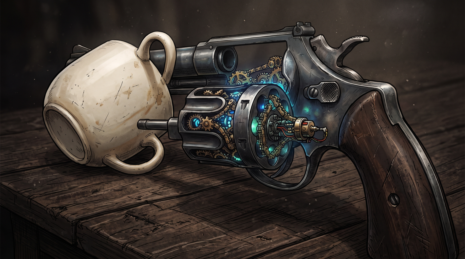 Conceptual illustration of a gun with a Java cup barrel and chain-linked gear cylinders symbolizing the CWE-502 gadget chain as a loaded weapon awaiting a trigger