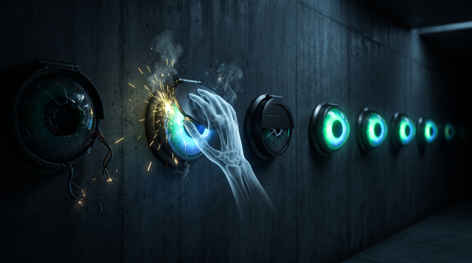 Symbolic illustration of sensor eyes being shut off one by one representing FudModule rootkit blinding ETW providers, minifilter callbacks, and registry callbacks on a compromised host