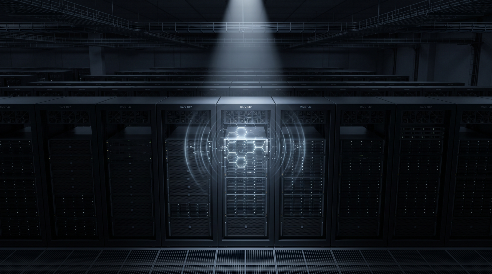 An enterprise network of dark servers with one machine emitting a distinct blockchain signal glow, caught by a spotlight representing detection, illustrating that while the contract is untouchable the retrieval behavior is visible