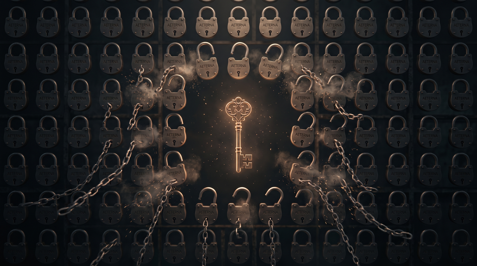 A skeleton key opening many identical padlocks simultaneously, symbolising local administrator password reuse across an entire workstation fleet