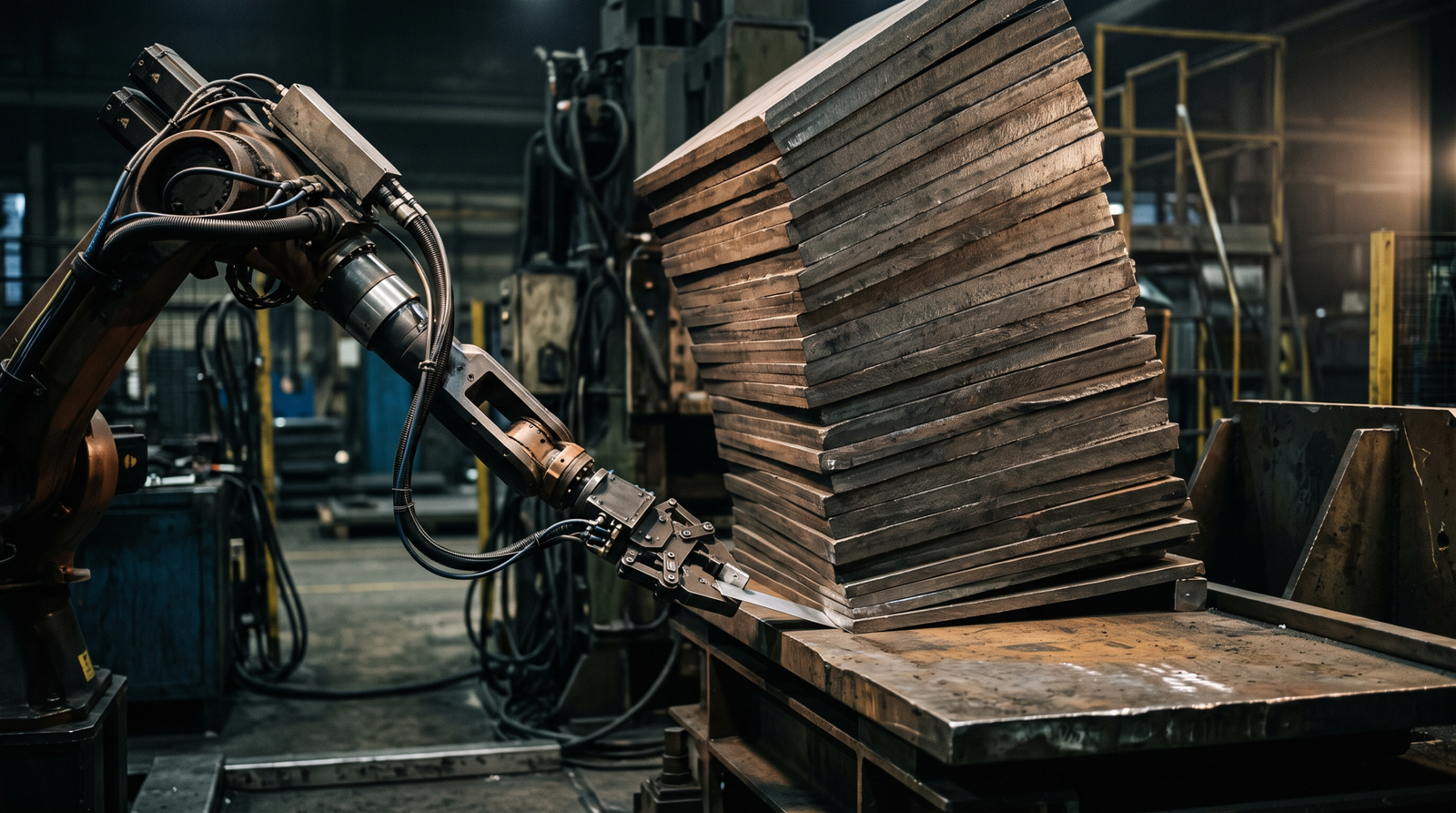 A robotic arm inserting a thin alignment shim under a stack of heavy plates, symbolising the single ret gadget inserted to enforce 16-byte stack alignment before calling system in a 64-bit ROP chain.