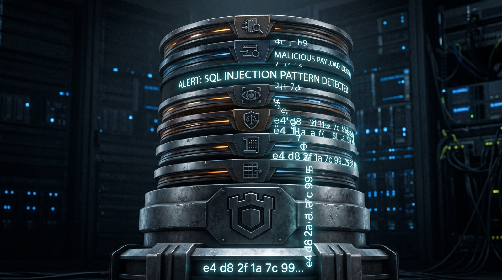 Illustration of layered defensive controls dissolving obfuscated PowerShell into visible plain text as it passes through each layer