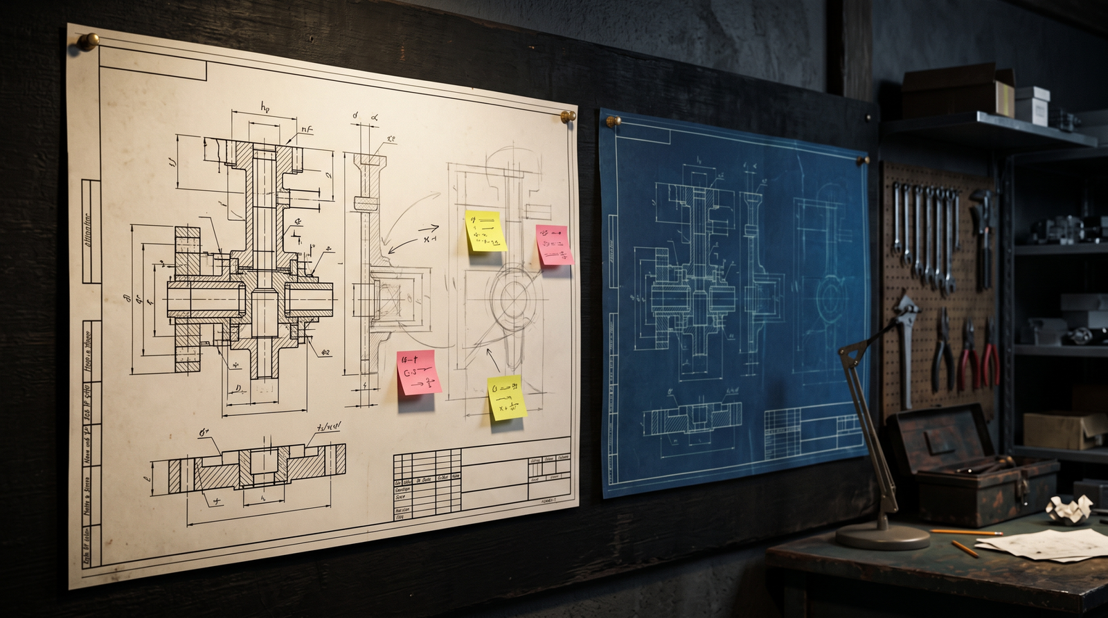 Illustration contrasting polished expert code with AI-workflow residue: a detailed blueprint alongside a rough duplicate with unfilled placeholder sections, symbolizing human-expert malware scaffolded with AI assistance