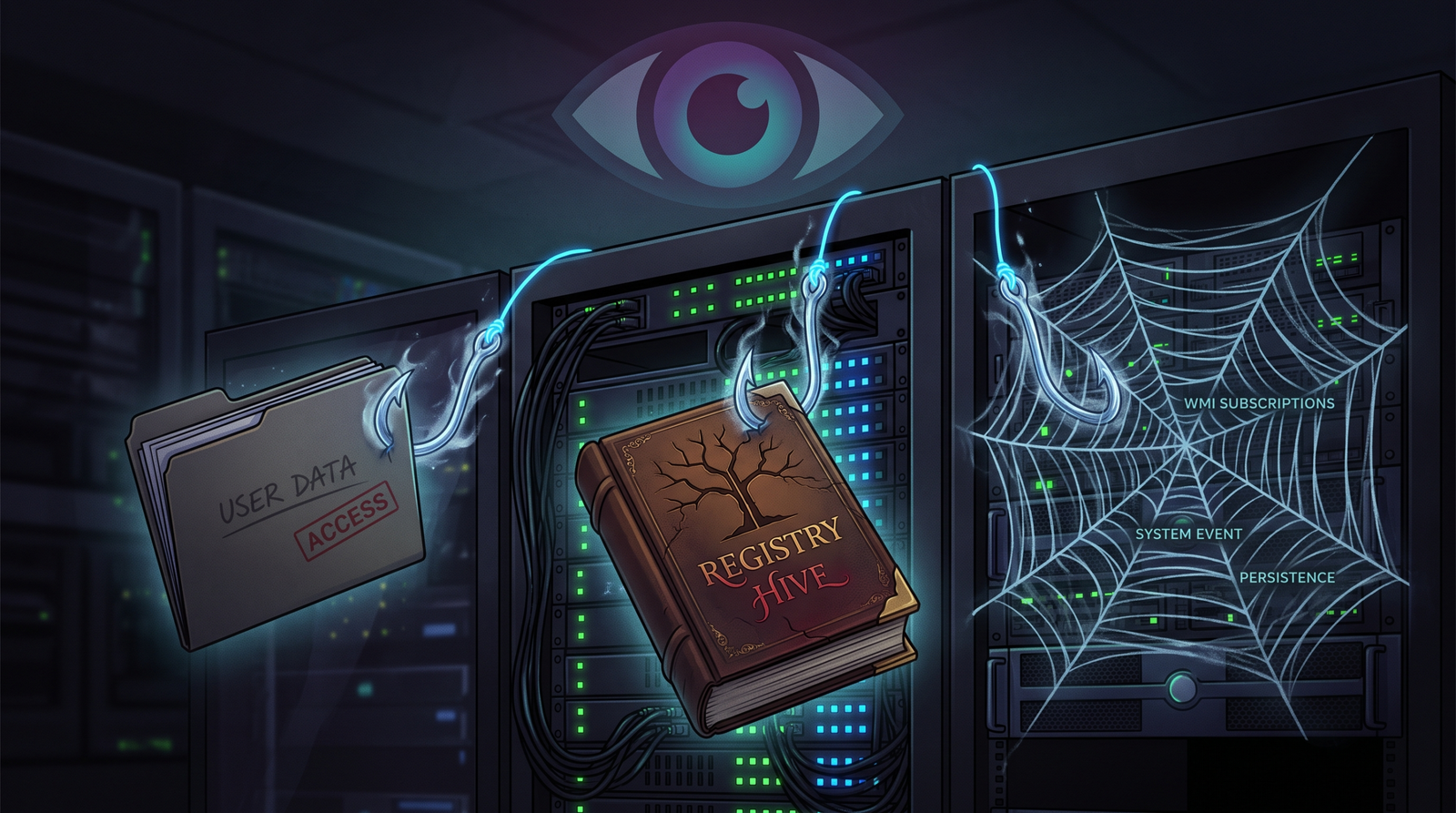 Conceptual illustration of three persistence mechanisms - file, registry, and WMI - as hidden hooks anchored to a system