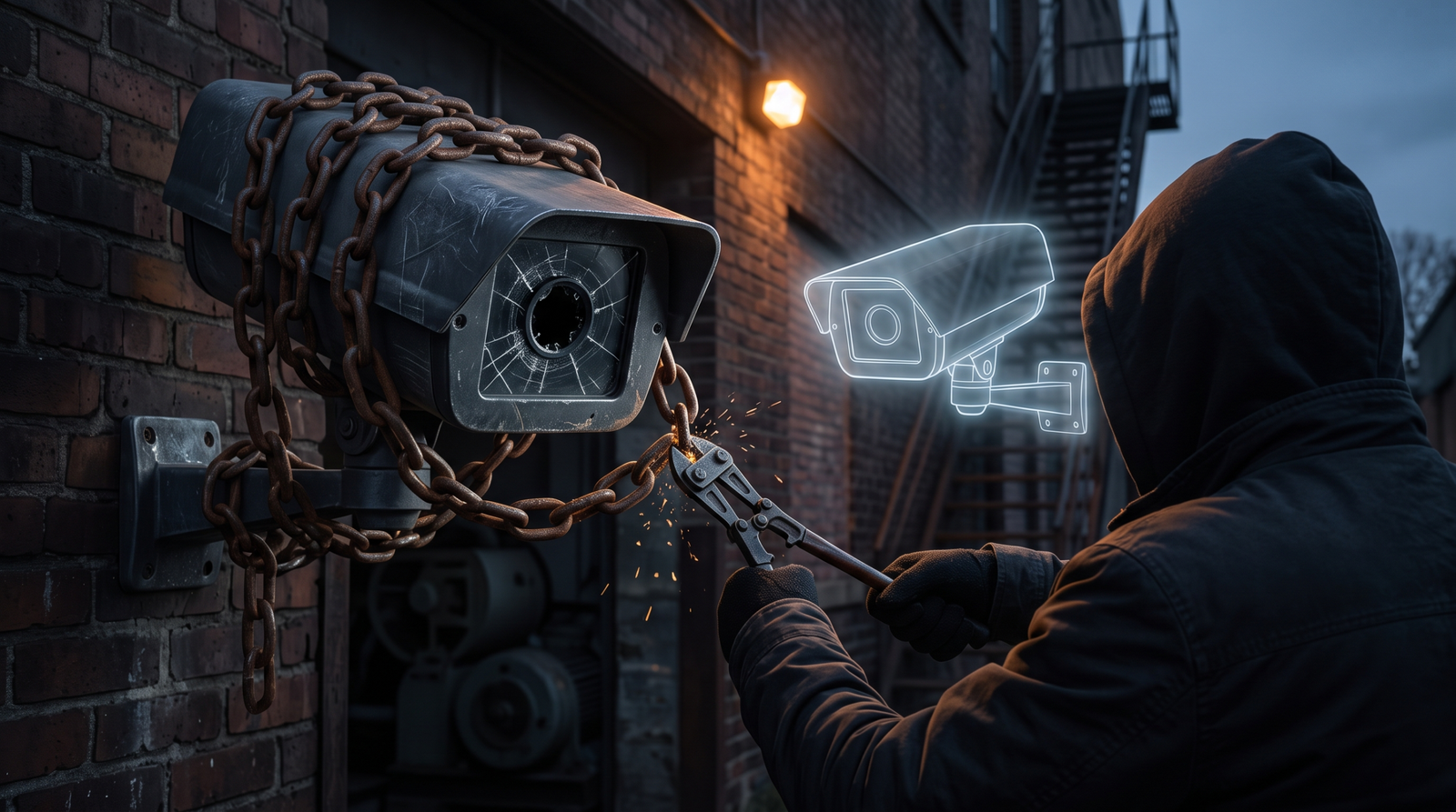 Illustration of an attacker disabling a monitoring camera symbolising Sysmon tampering and evasion techniques