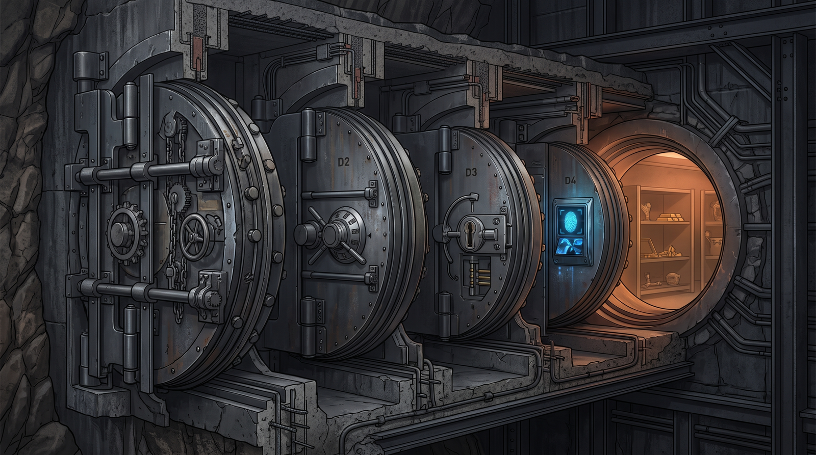 Illustration of layered vault doors as a metaphor for stacked heap security mitigations each requiring a separate bypass