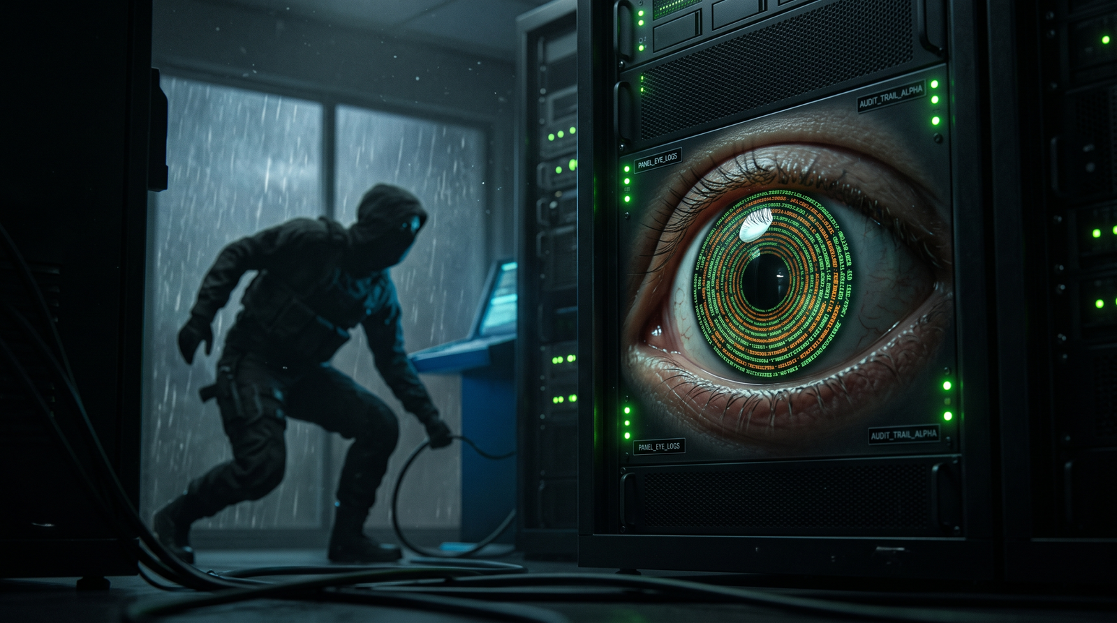 Symbolic illustration of a vigilant eye made of log data watching a bypass attempt, representing Script Block Logging capturing attacker activity even after AMSI is defeated