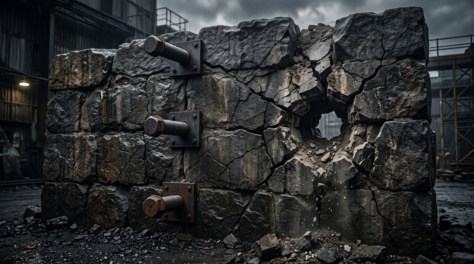 A stone wall held together by steel bolts representing layered security mitigations, with one missing bolt causing visible cracks - illustrating that ASLR alone is insufficient without DEP and CFG
