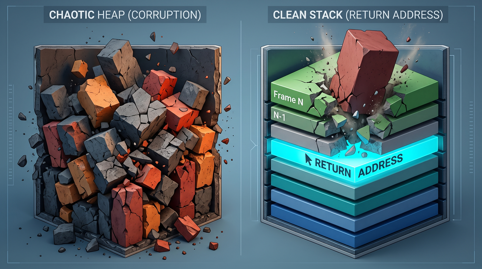 Split illustration comparing heap overflow chaos on the left with a stack buffer being punched through by an oversized block on the right, exposing the return address layer beneath