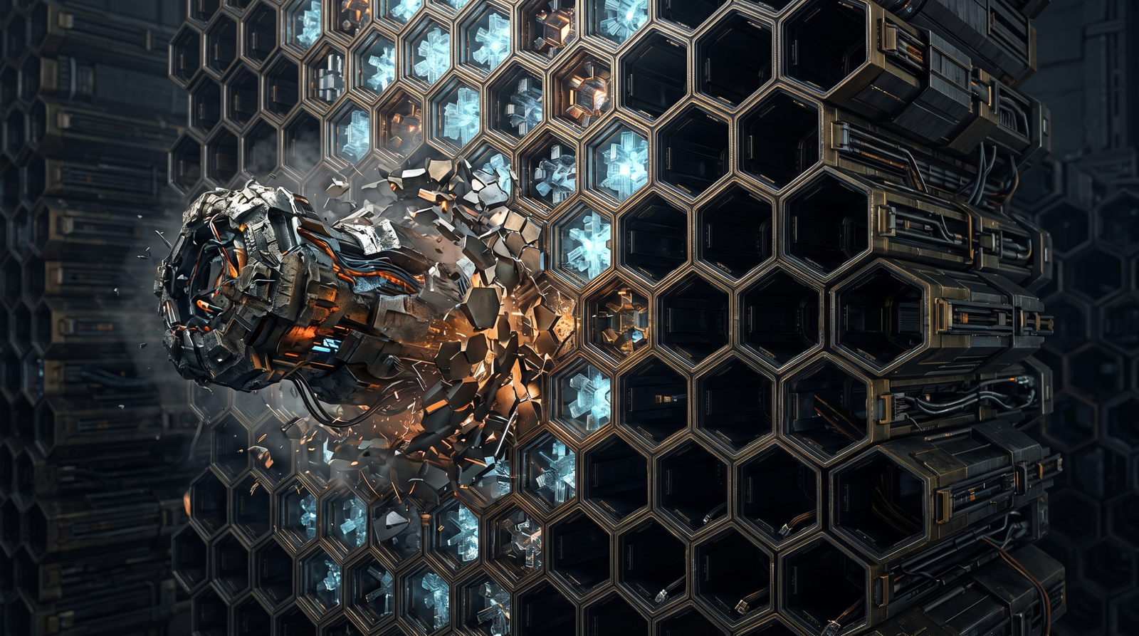 Conceptual illustration of Windows Segment Heap LFH bucket spray and hole-punching technique showing alternating filled and freed allocation slots with an overflow bursting into an adjacent object
