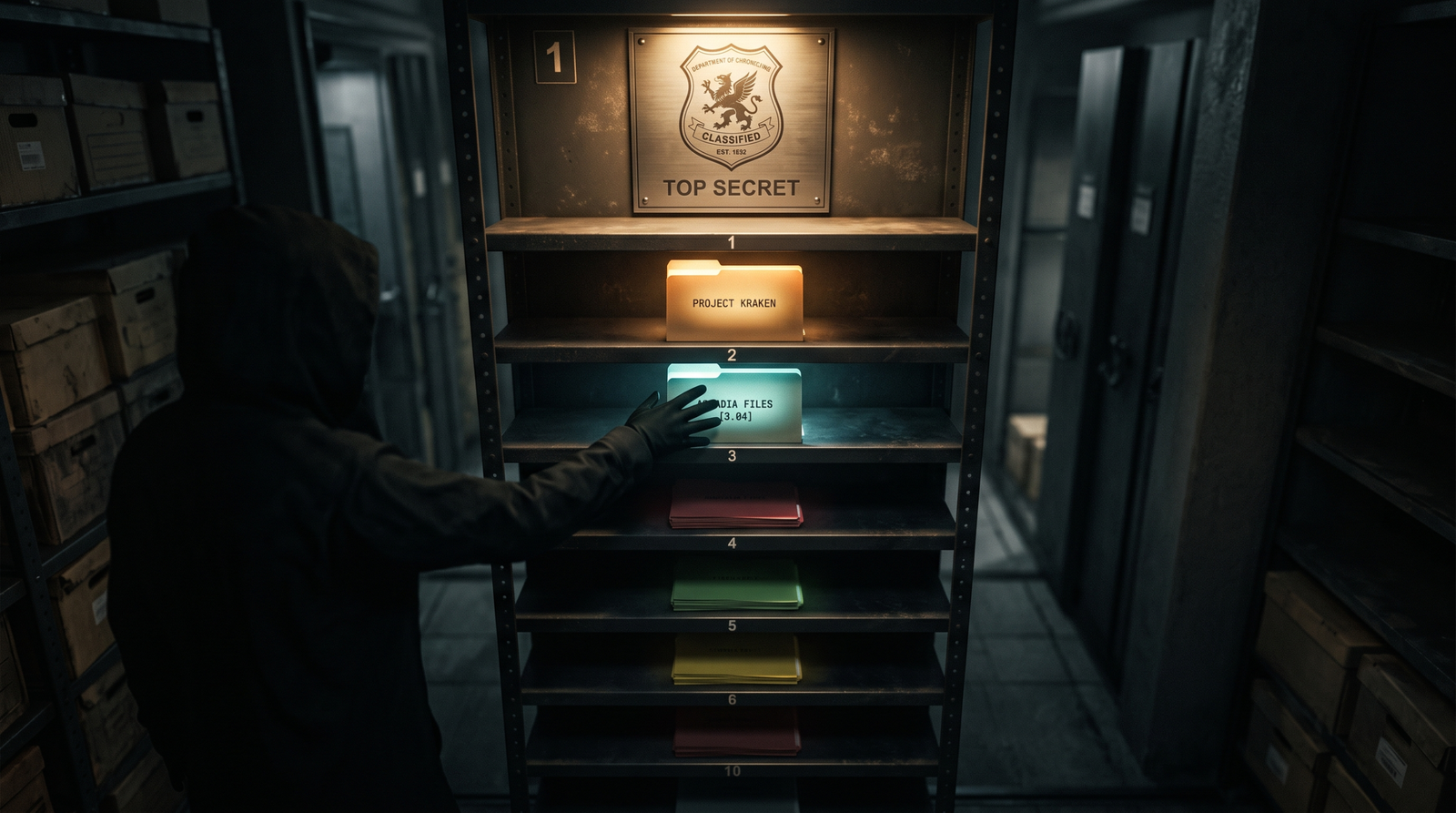 Illustration of a vertical stack of archive shelves representing the DLL search order, with a shadowy hand reaching toward the application-directory shelf - the hijack point