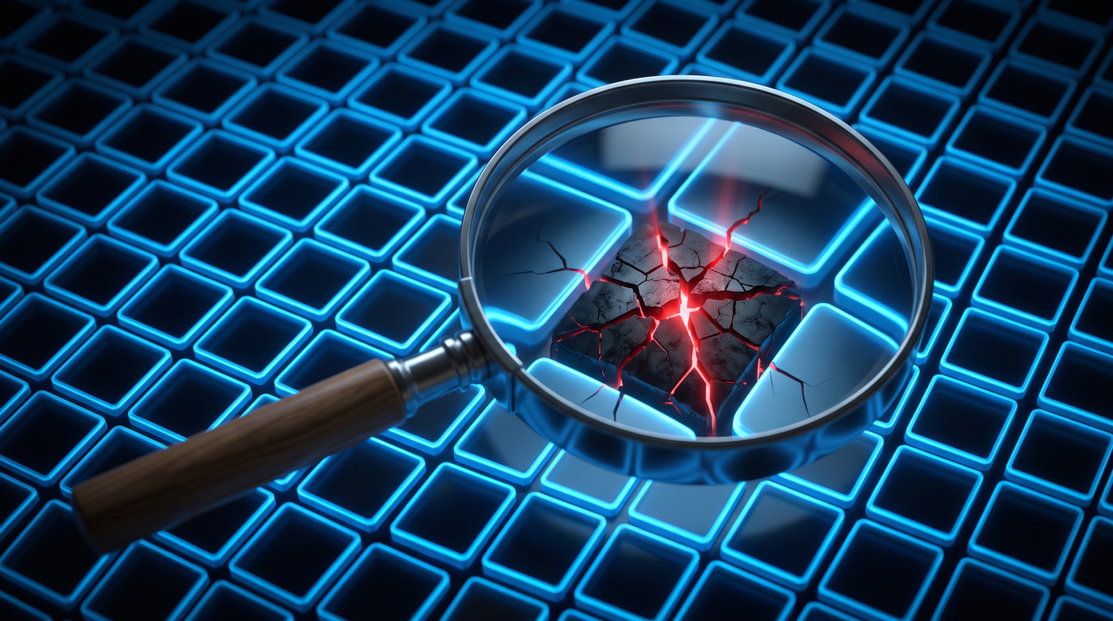 Illustration of a magnifying glass detecting a single corrupted memory page amid a grid of intact pages, symbolizing PE-sieve and Moneta catching MEM_PRIVATE ntdll pages during ETW patch detection