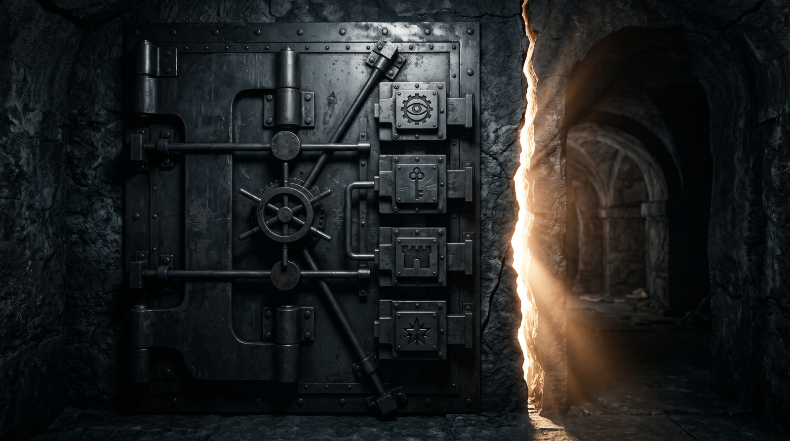 A vault door with four locks being bypassed by a leak of light through a crack in the wall beside it, symbolizing how a single memory disclosure defeats layered mitigations