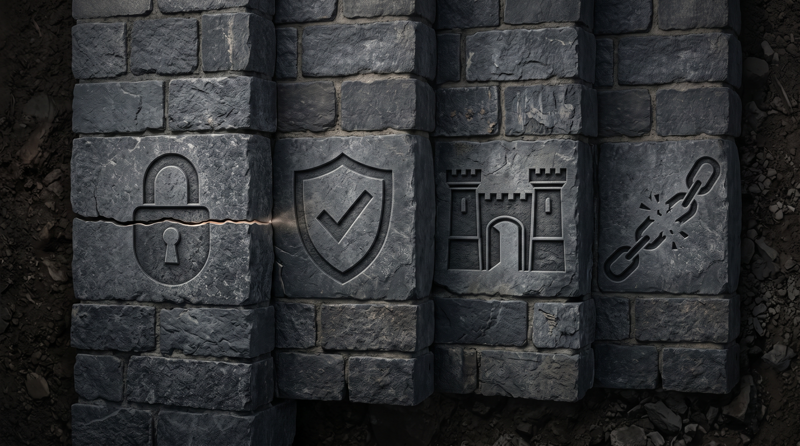 A cross-section of a multi-layered fortress wall where each layer bears a different protective symbol, showing defense-in-depth stopping a crack that penetrates the first layer but not the rest