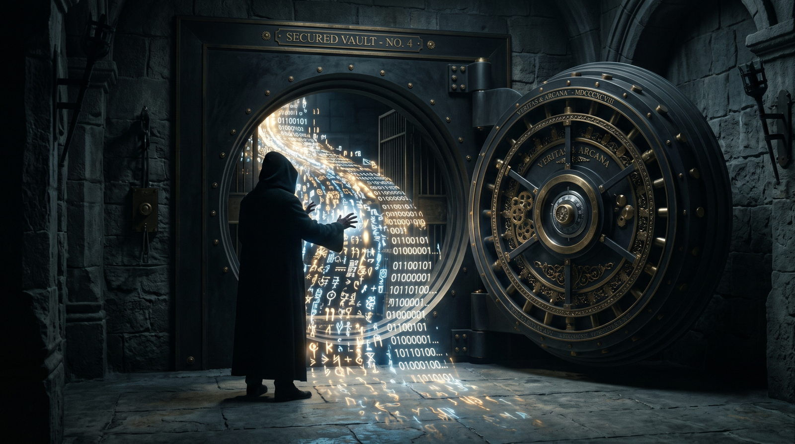 Illustration of an ornate vault door opening by itself and spilling encrypted data into the hands of a shadowed attacker, symbolizing the KDC handing crackable ciphertext to any authenticated user by design.