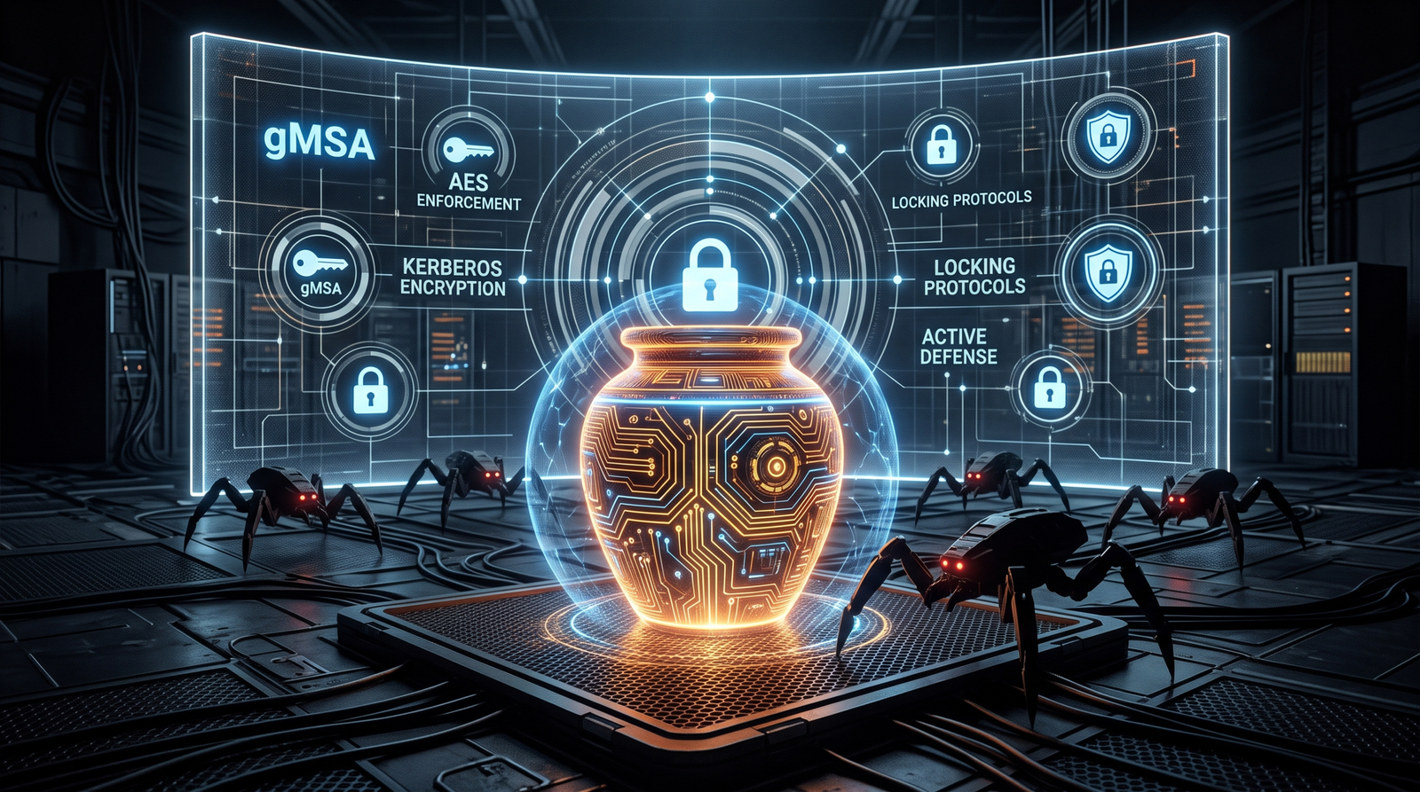 Illustration of a glowing digital honeypot vessel in the foreground attracting shadowed attacker figures, with a transparent shield wall of security controls rising behind it, representing layered Kerberoasting defenses including honeypot SPN accounts and AES enforcement.