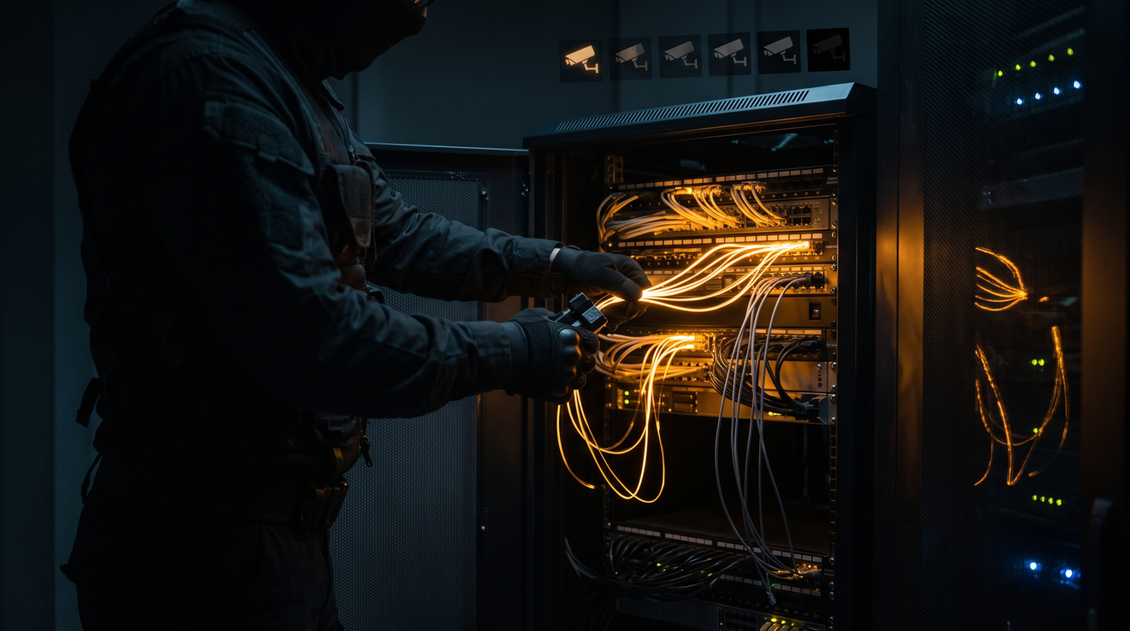 Illustration of an attacker severing telemetry streams inside a server rack, causing security monitoring cameras above to go dark - representing sensor blinding and detection pipeline tampering.