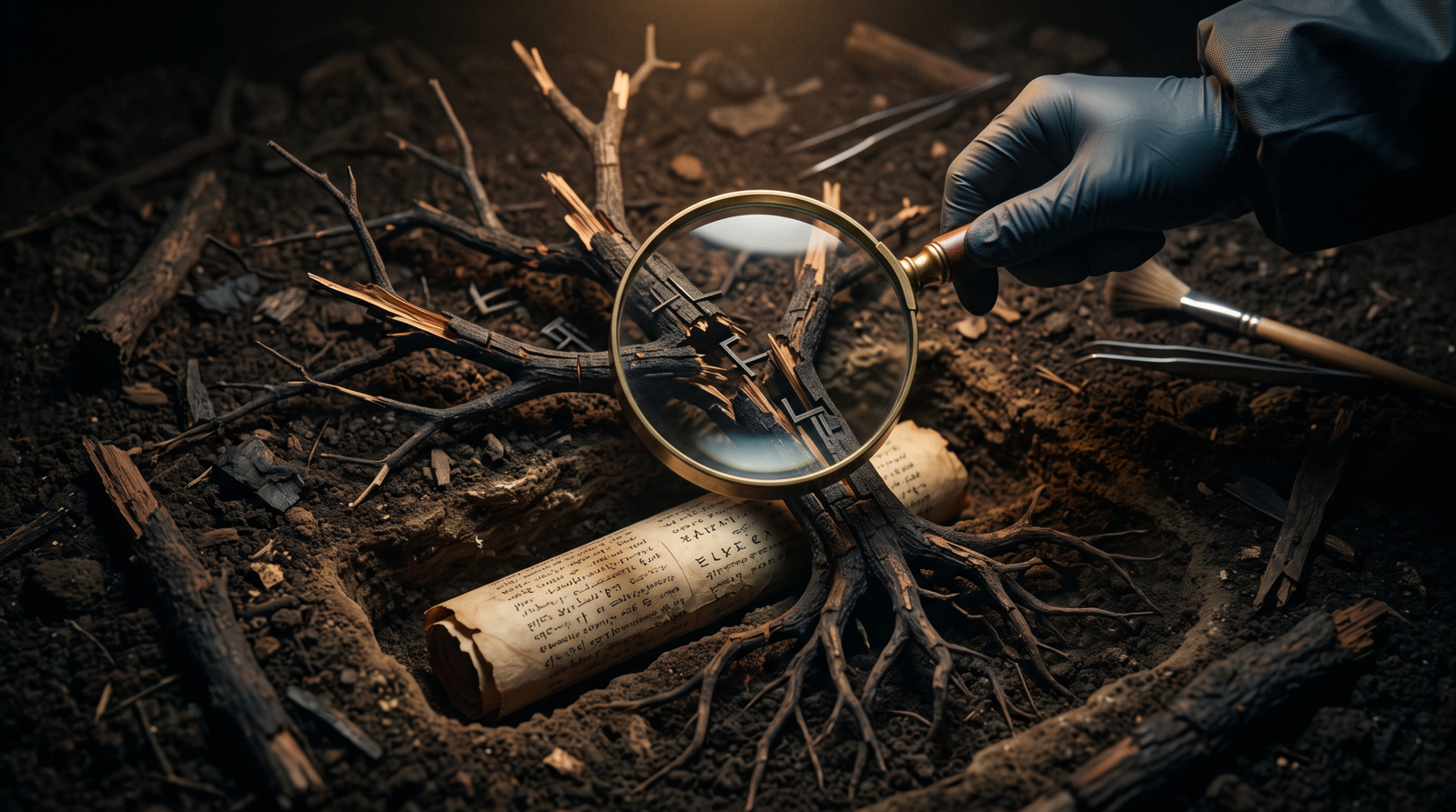 Conceptual illustration of forensic recovery showing a magnifying glass over a broken registry tree with surviving XML artifacts visible beneath the surface