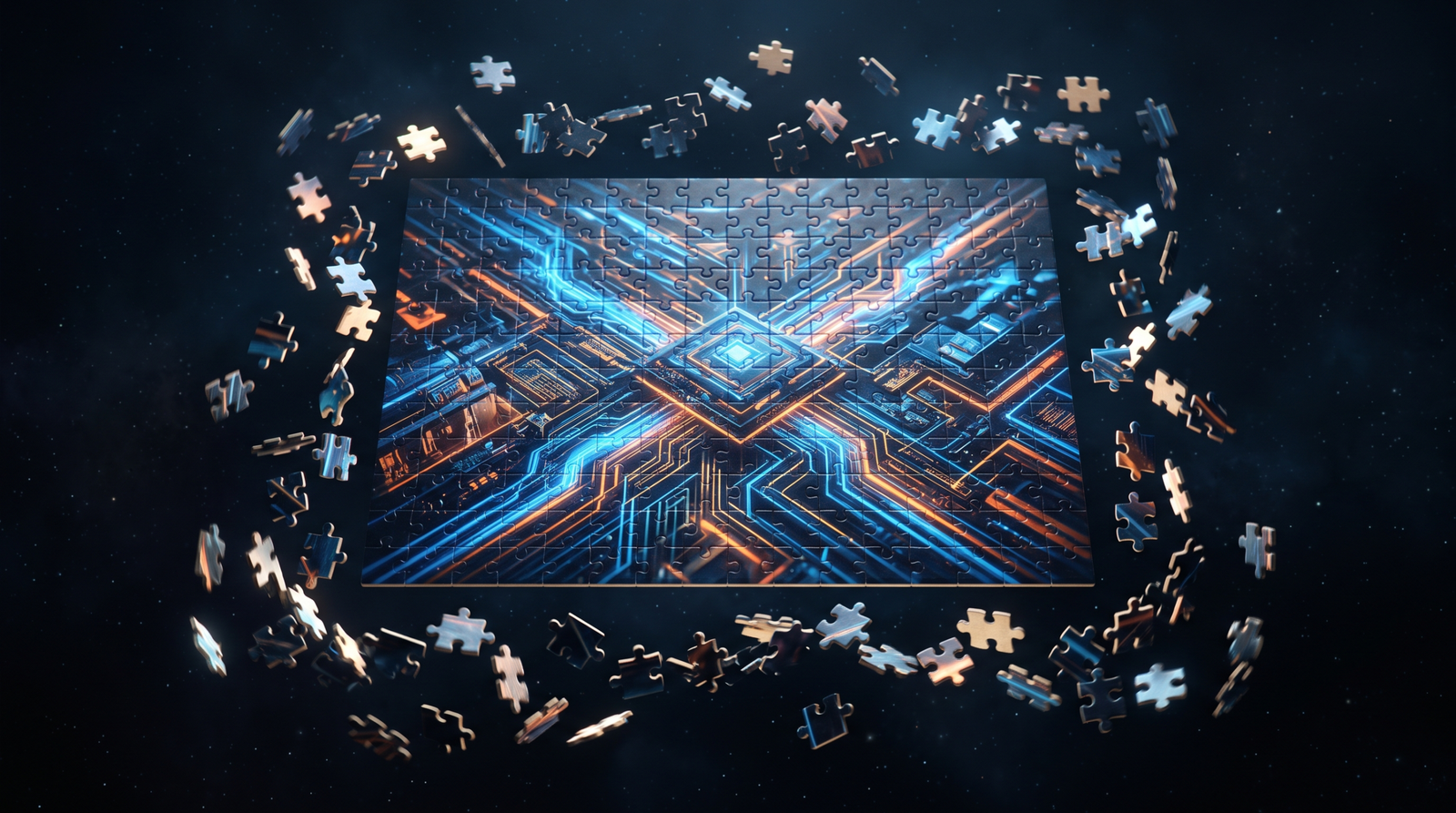 Illustration showing a jigsaw puzzle with shifting outer border pieces but a fixed interior pattern, representing ASLR randomizing module base while internal offsets stay constant