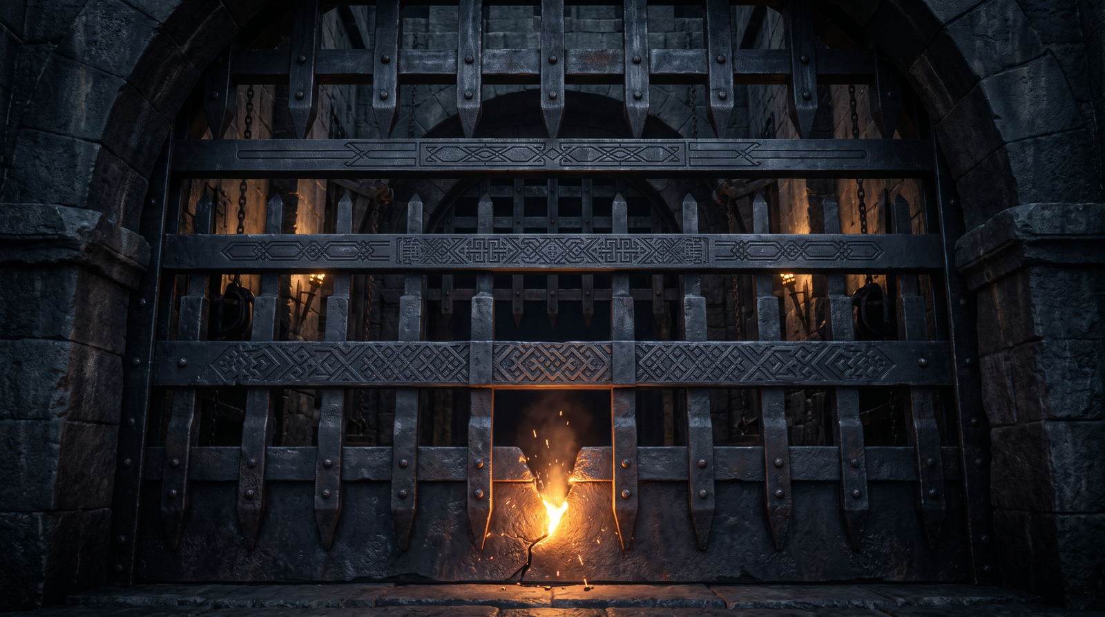 Illustration of a multi-layered reinforced gate with a crack at the base being sealed, symbolizing defense-in-depth hardening against ASLR bypass techniques